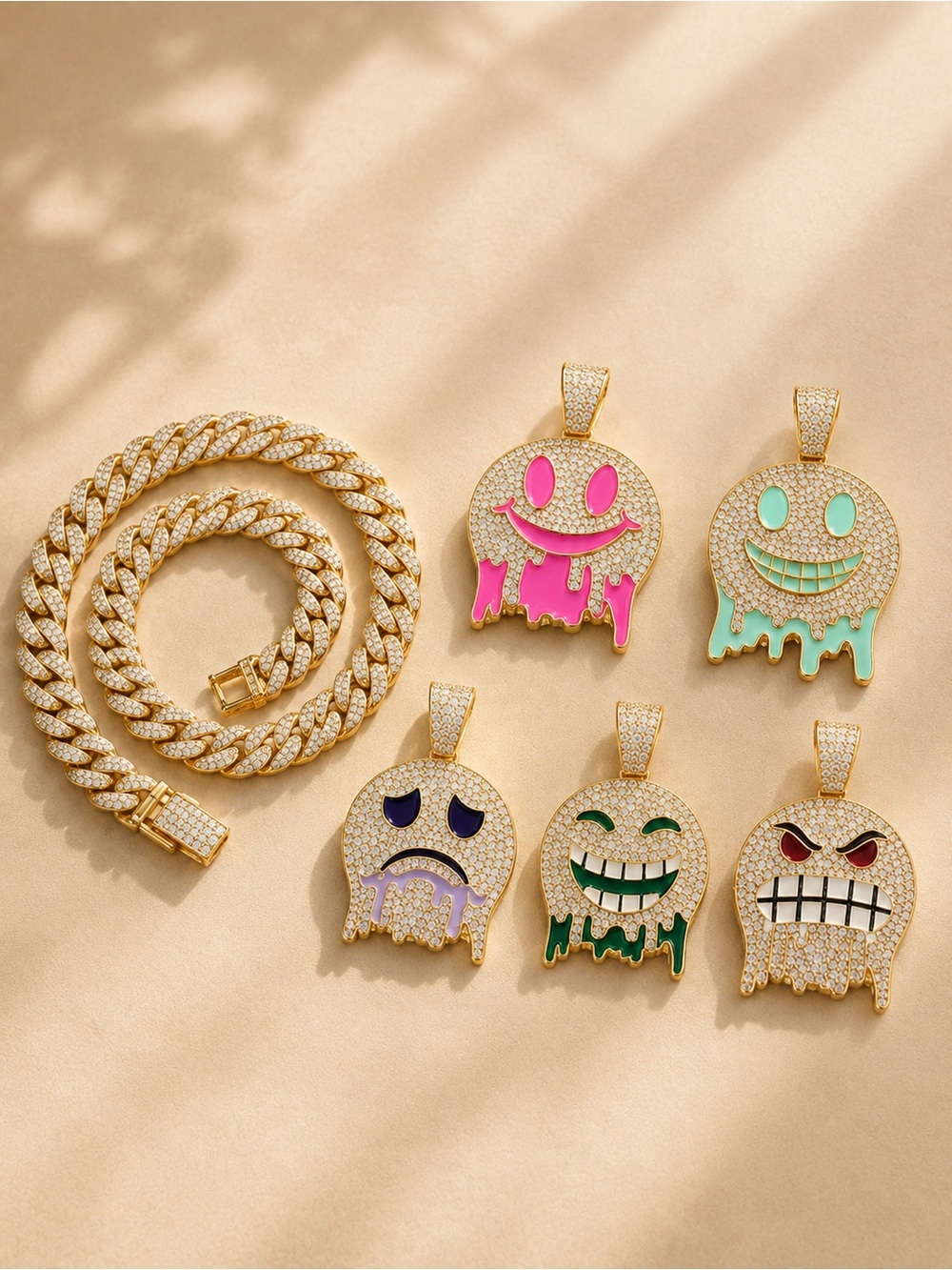 5-in-1 Interchangeable Emoji Pendant Necklace Set – Gold-Tone Cuban Chain
